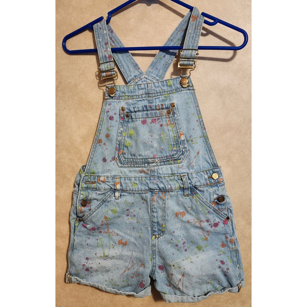 Chillipop Kids Light Wash Paint Splatter Denim Short Overalls Size 14